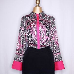 Maison d' Amelie Pink Button down long sleeve in bandana paisley print, Large